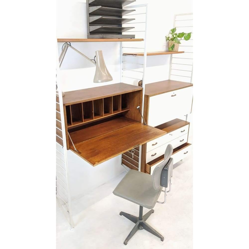 SOLD | Staples Ladderax Modular Office Storage unit featuring white bureaus, desk, drawers and teak shelves designed by Robert Heal in 1964-Mid Century Storage-KONTRAST
