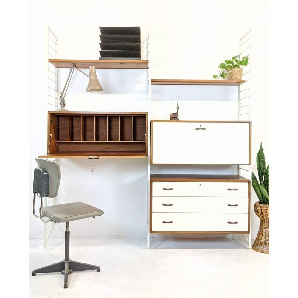 SOLD | Staples Ladderax Modular Office Storage unit featuring white bureaus, desk, drawers and teak shelves designed by Robert Heal in 1964-Mid Century Storage-KONTRAST