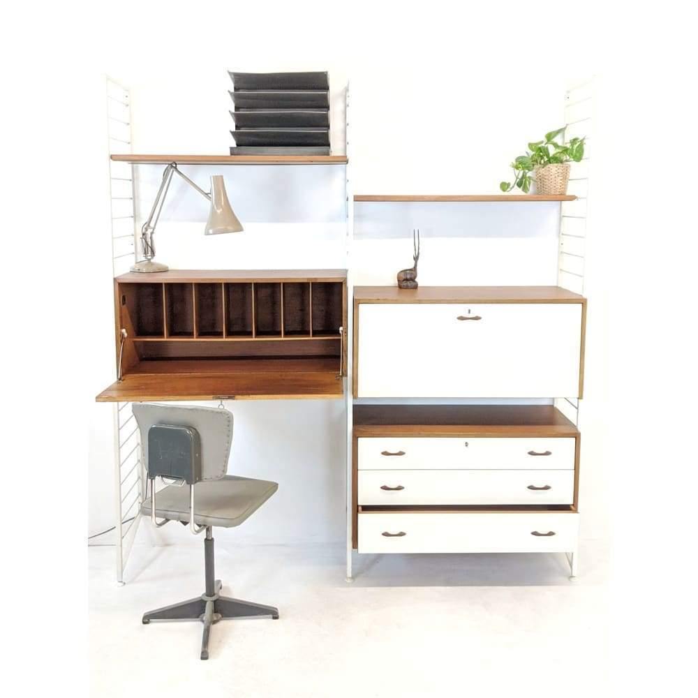 SOLD | Staples Ladderax Modular Office Storage unit featuring white bureaus, desk, drawers and teak shelves designed by Robert Heal in 1964-Mid Century Storage-KONTRAST
