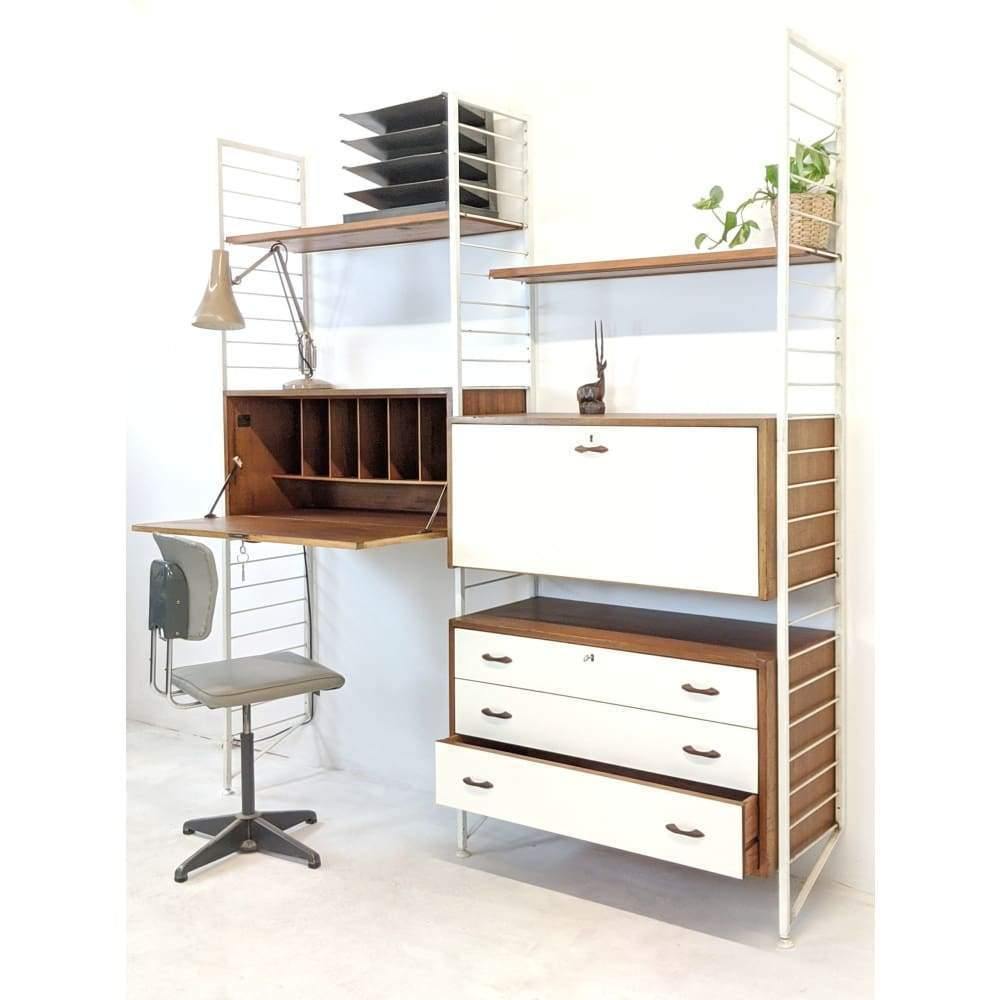 SOLD | Staples Ladderax Modular Office Storage unit featuring white bureaus, desk, drawers and teak shelves designed by Robert Heal in 1964-Mid Century Storage-KONTRAST