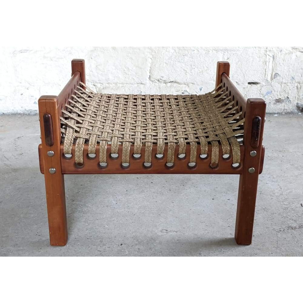 Safari Foot Stool / Ottoman, Mid Century teak frame with and leather braided / woven / rope-Mid Century Seating-KONTRAST