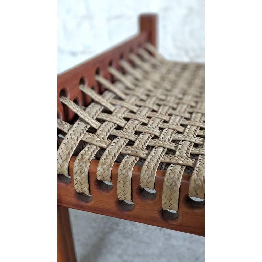 Safari Foot Stool / Ottoman, Mid Century teak frame with and leather braided / woven / rope-Mid Century Seating-KONTRAST