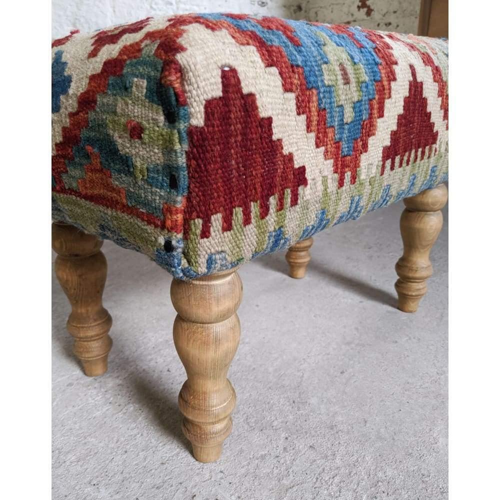 Small Kilim footstool - Handmade Kilim wool rug ottoman stool on turned legs - kelim-Handmade Ethnic Footstools-KONTRAST