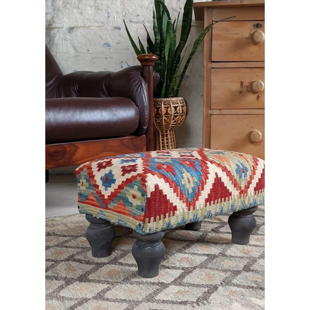 Small Kilim footstool - Handmade Kilim wool rug ottoman stool on turned legs - kelim-Handmade Ethnic Footstools-KONTRAST