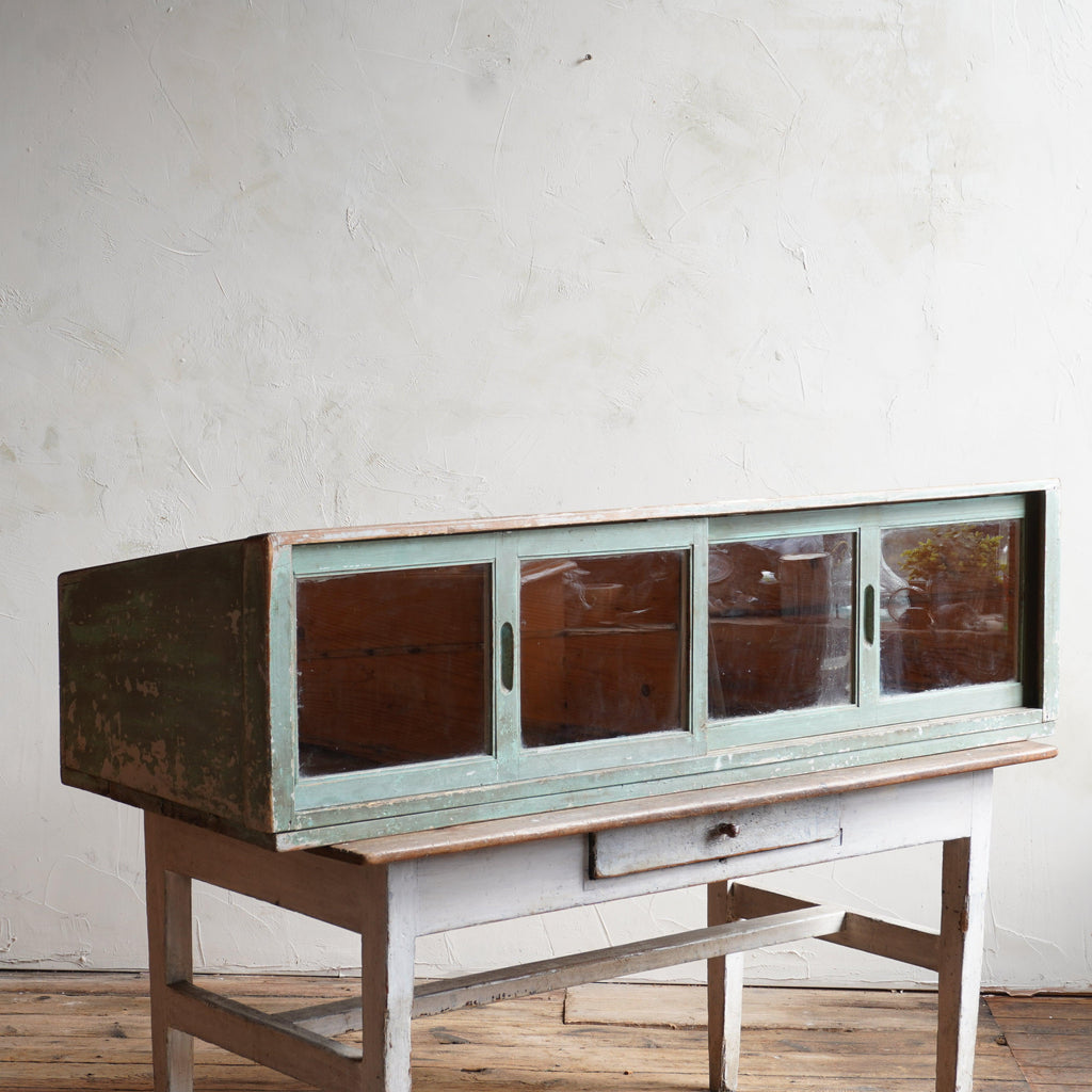 Antique Countertop Display Cabinet - distressed green paint-KONTRAST
