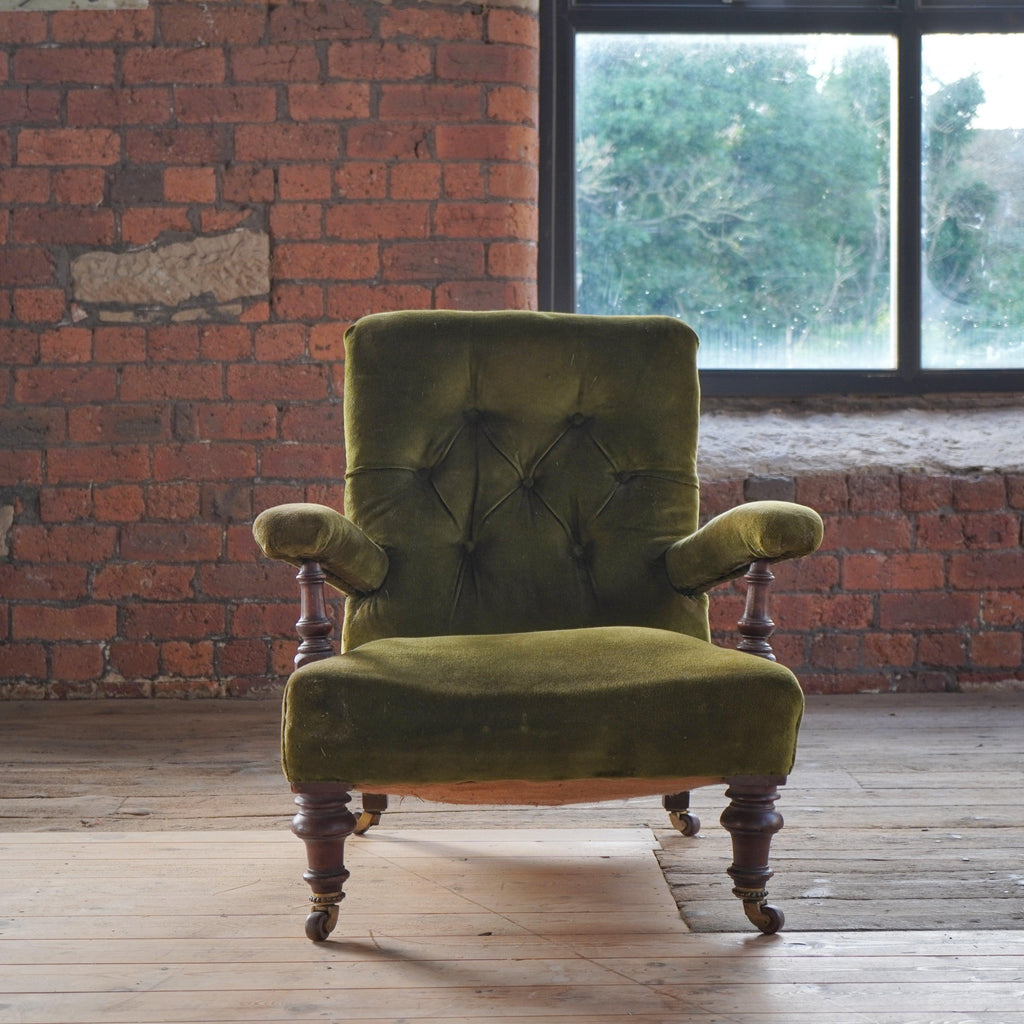 Antique Green Velvet Open Armchair-Antique Seating-KONTRAST