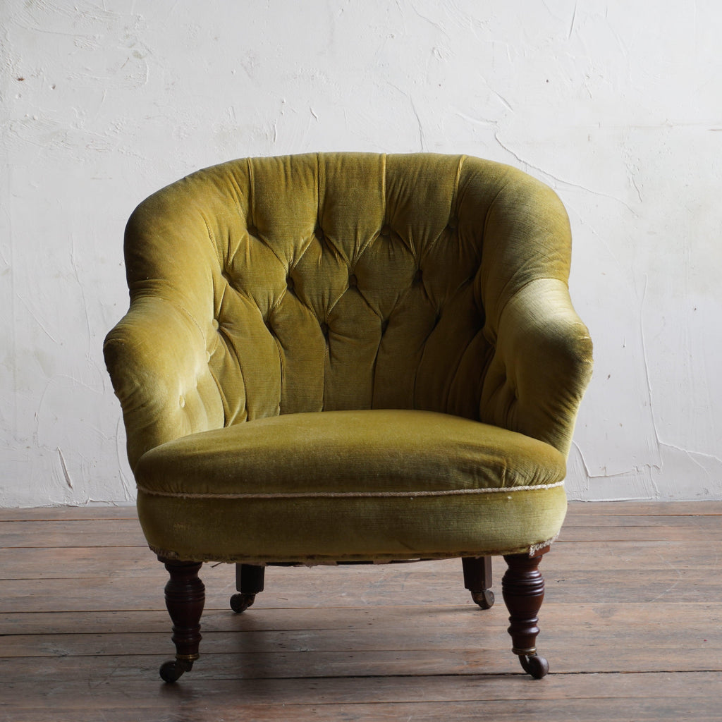 Antique Tub Chair - green - yellow velvet-Antique Seating-KONTRAST