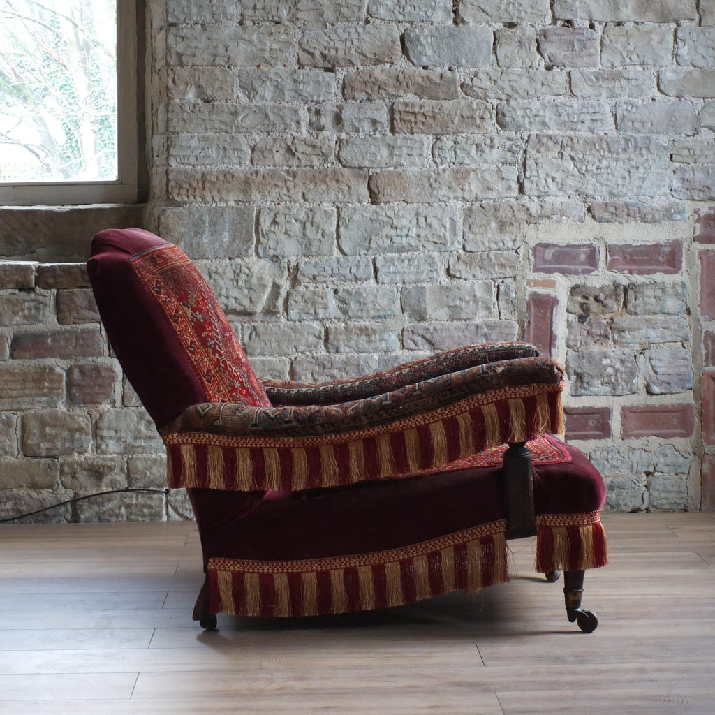 Antique Victorian carpet and tassel open arm chair-KONTRAST