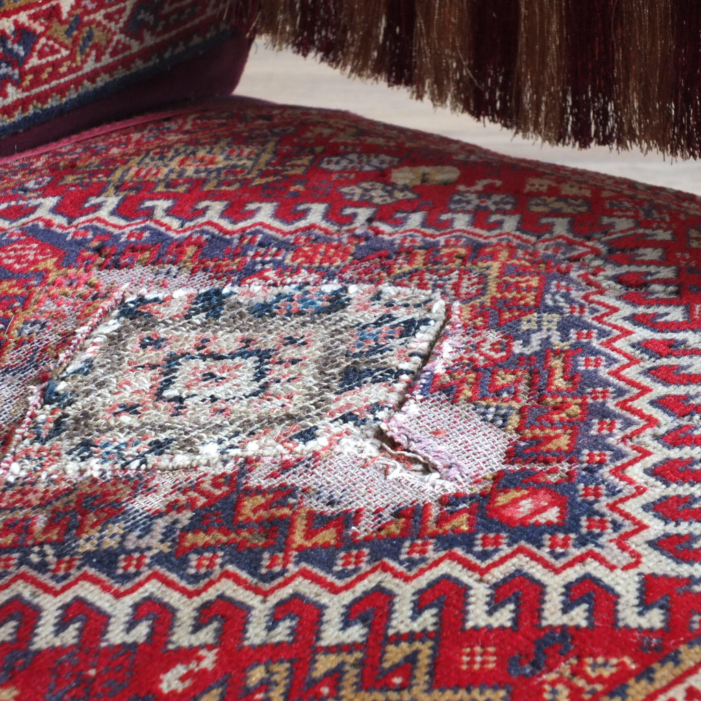 Antique Victorian carpet and tassel open arm chair-KONTRAST
