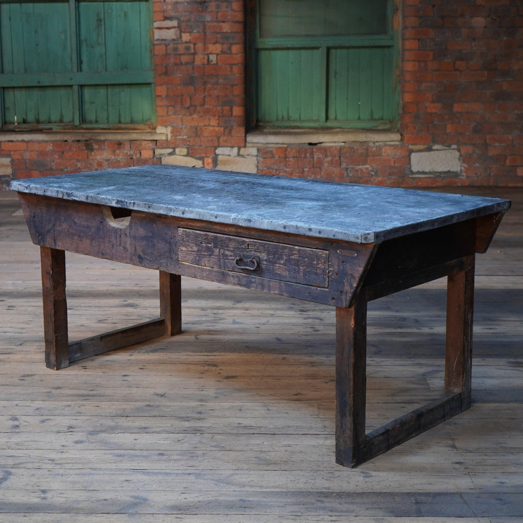 Antique Workbench / Kitchen Island, Work Table with Zinc Top-Antique Tables-KONTRAST