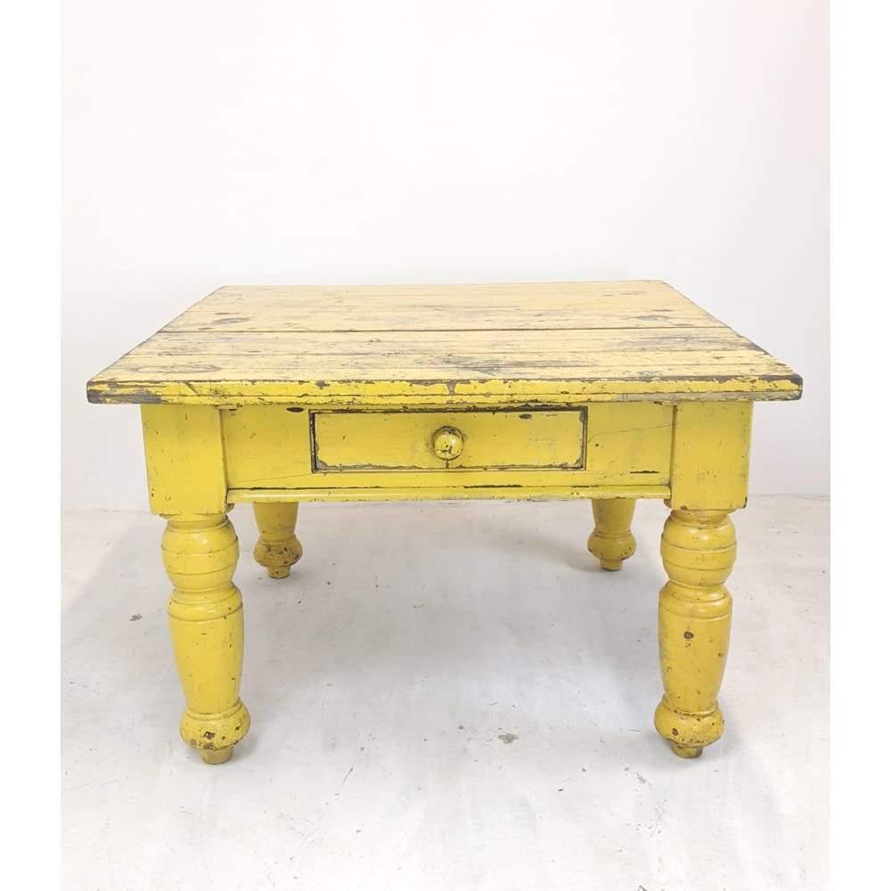 Antique farmhouse prep table with drawer - yellow painted pine-Antique Tables-KONTRAST