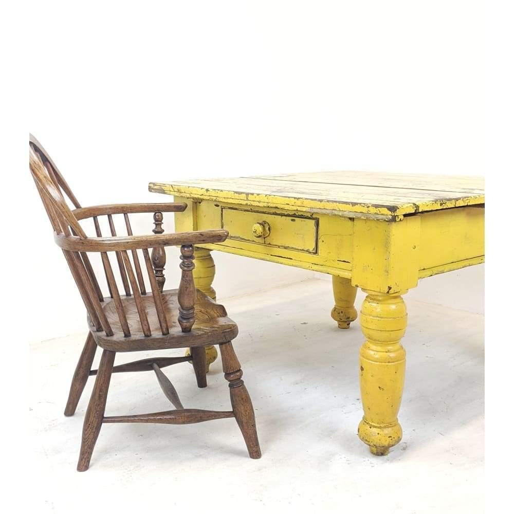 Antique farmhouse prep table with drawer - yellow painted pine-Antique Tables-KONTRAST