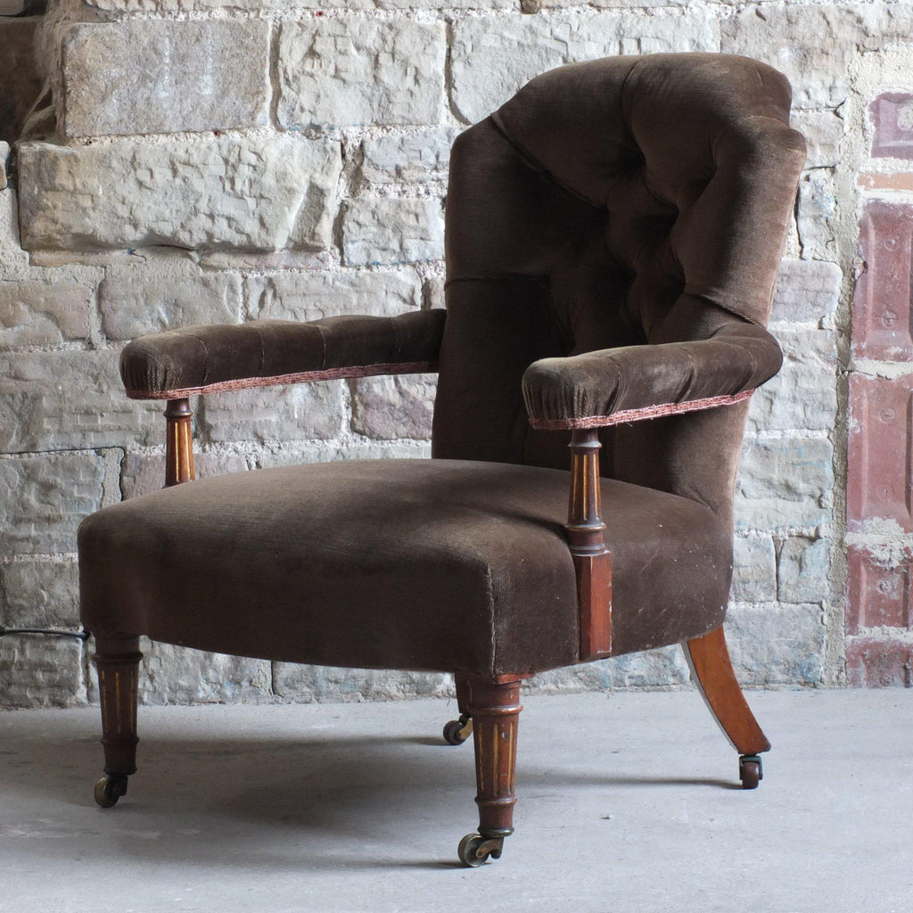 Antique open armchair in brown / green velour-Antique Seating-KONTRAST
