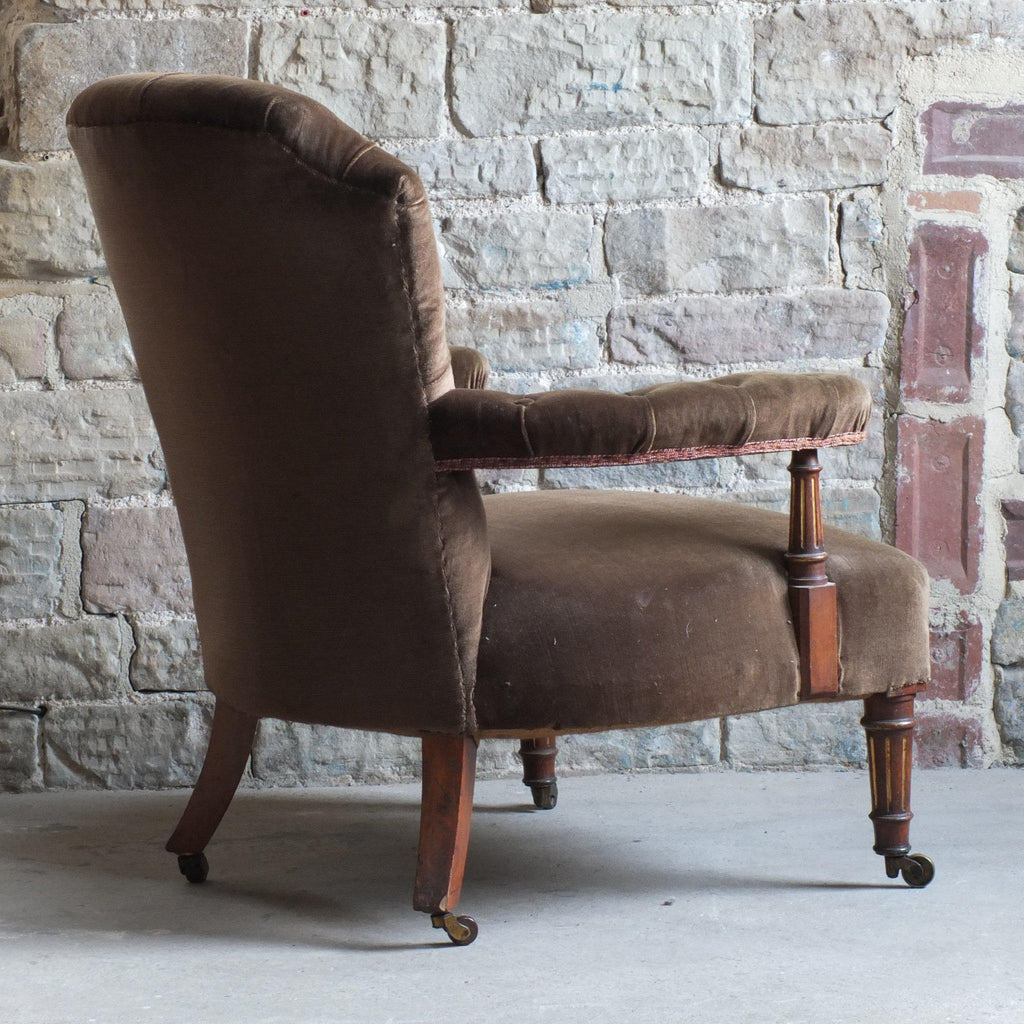 Antique open armchair in brown / green velour-Antique Seating-KONTRAST