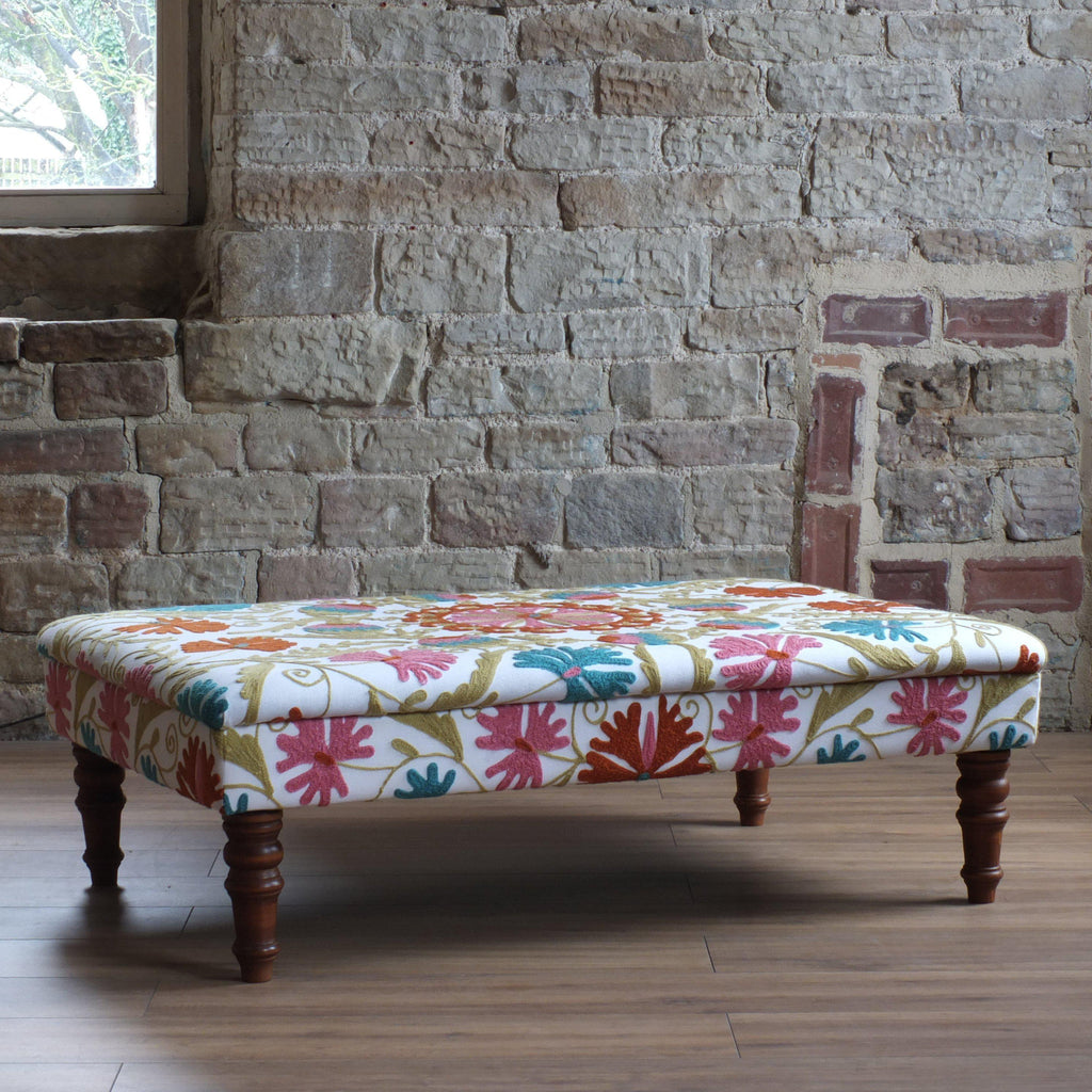 Antique 'style' suzani covered footstool-Handmade Ethnic Footstools-KONTRAST