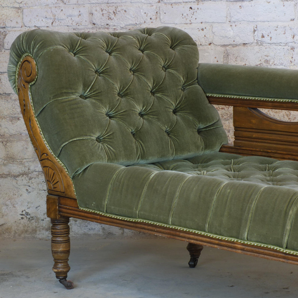 Edwardian green velvet chaise lounge-Antique Seating-KONTRAST