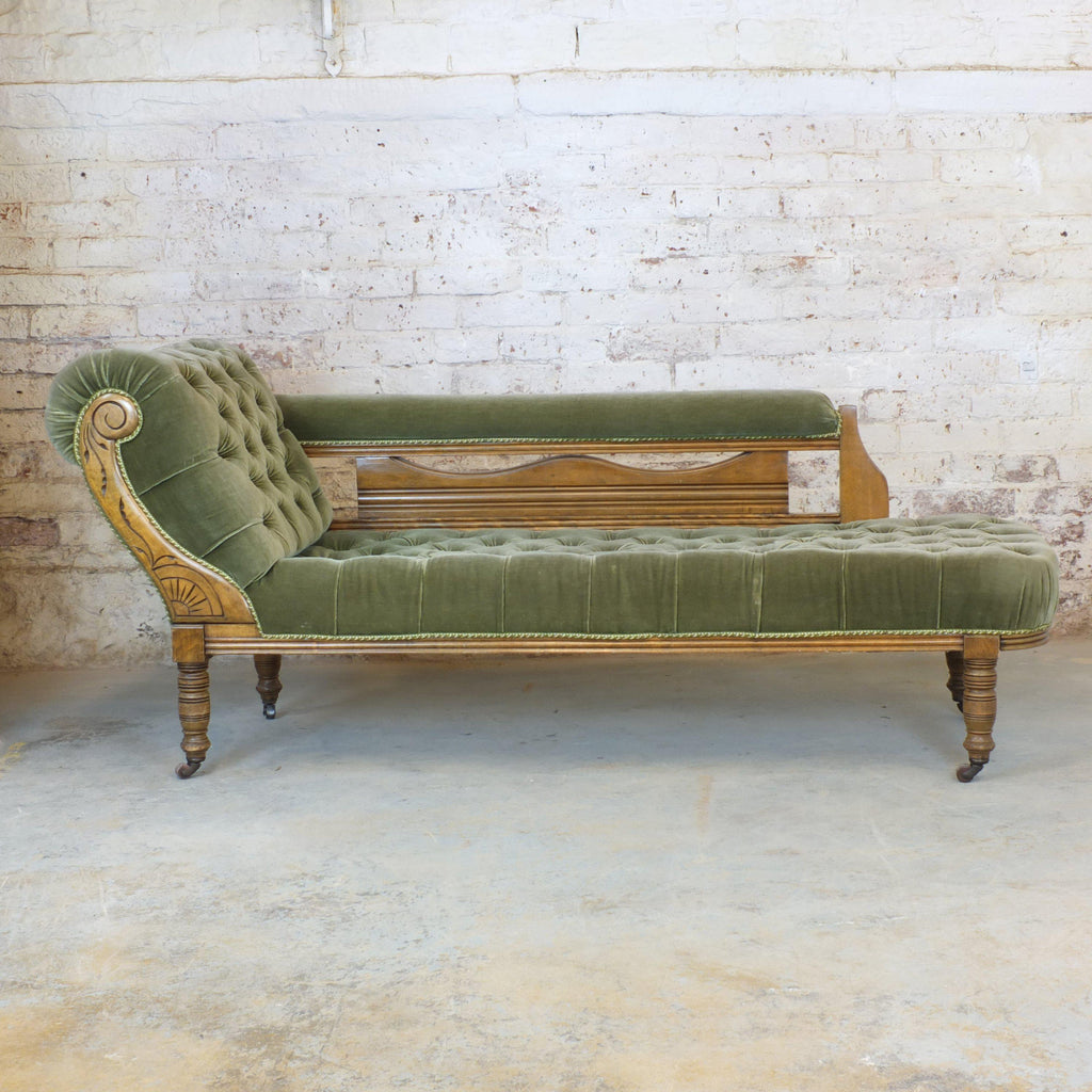 Edwardian green velvet chaise lounge-Antique Seating-KONTRAST