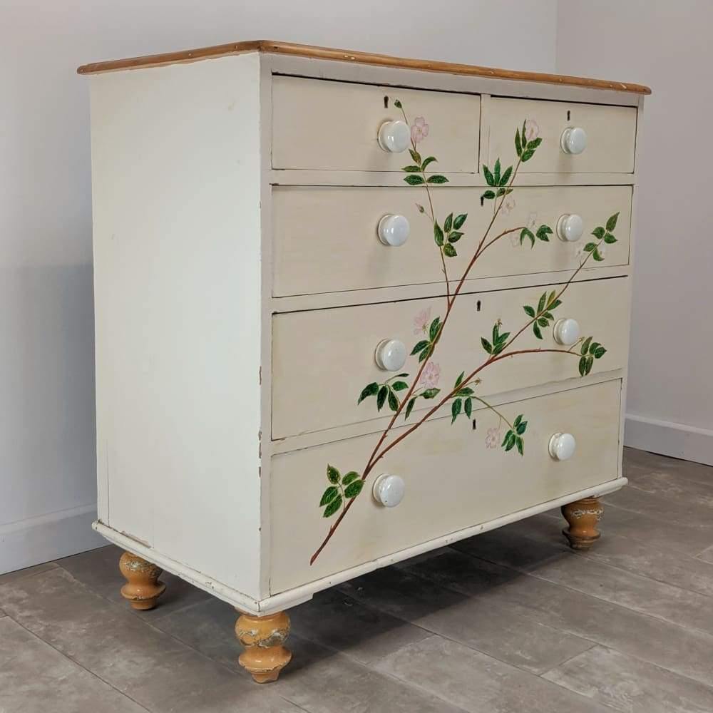 Floral chest of drawers - hand painted cream drawer unit-Antique Storage-KONTRAST