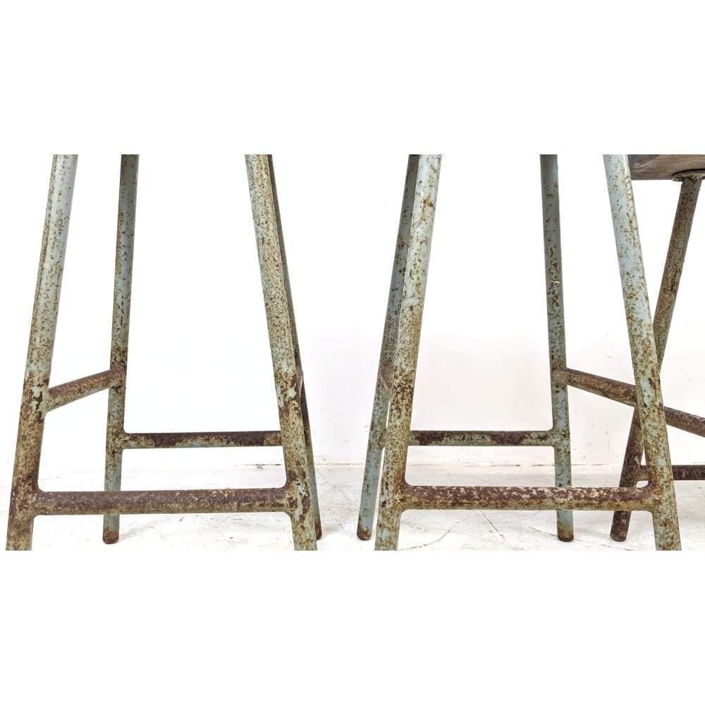 Industrial Rustic Stools x 4, Painted blue metal frame, with grey wooden seat-Vintage Seating-KONTRAST