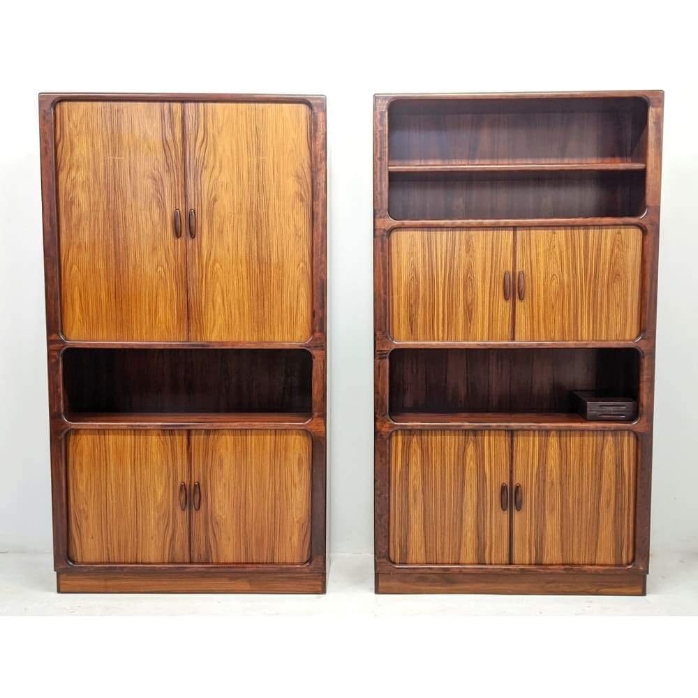 Pair Of Dyrlund Rosewood Wall Units With Teak Tambour Door Display Cabinet Bookcases. C.1960-Mid Century Storage-KONTRAST