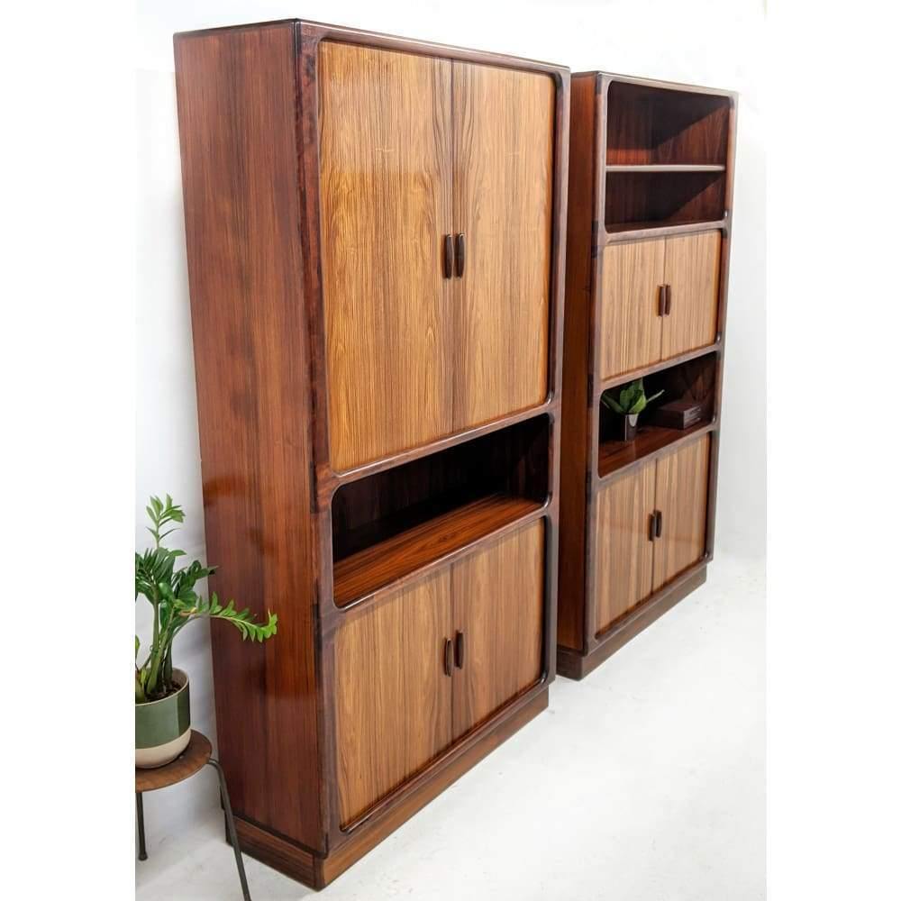 Pair Of Dyrlund Rosewood Wall Units With Teak Tambour Door Display Cabinet Bookcases. C.1960-Mid Century Storage-KONTRAST