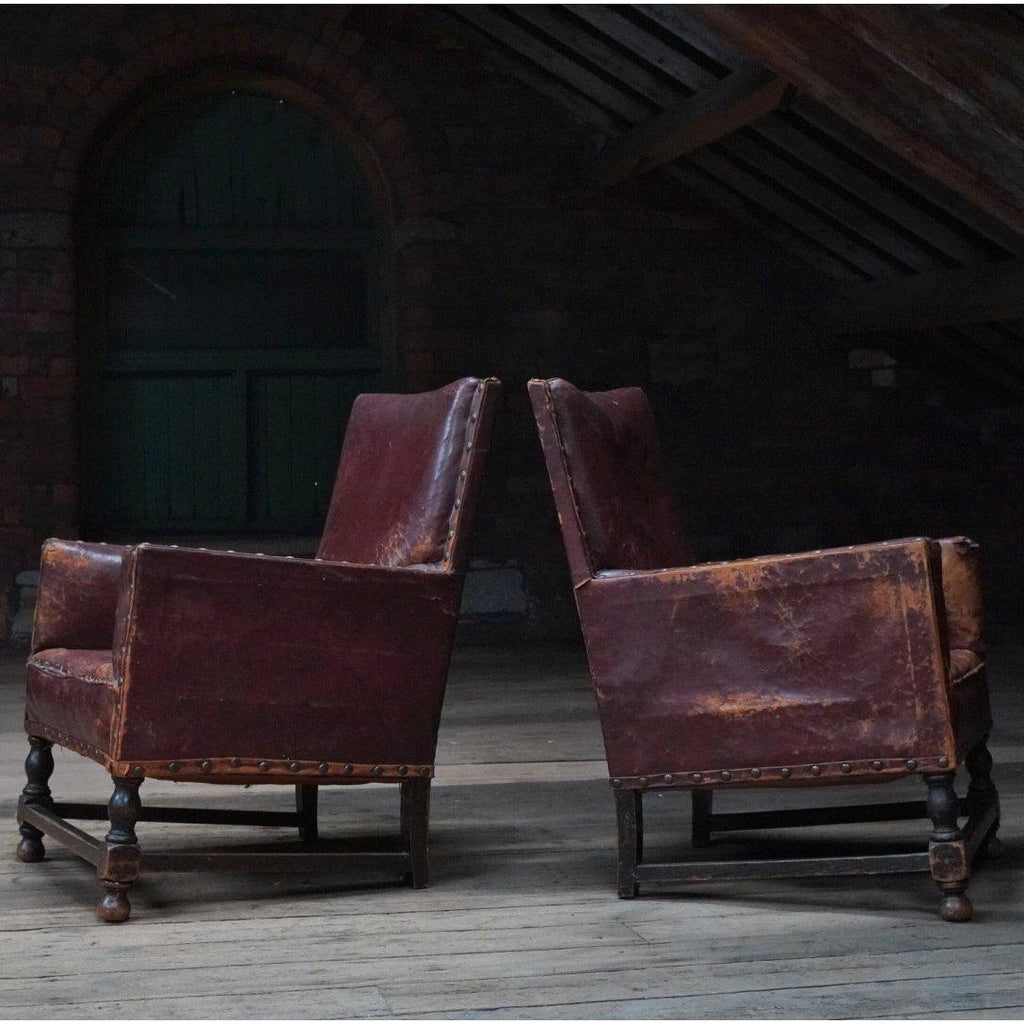 Pair of Burgundy Leather Studded Armchairs-Antique Seating-KONTRAST