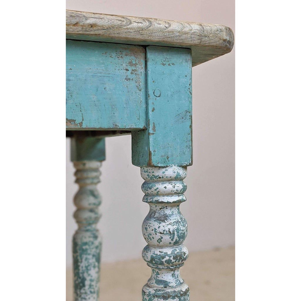 Rustic hall table - 1 plank elm top with turquoise chippy paint legs-Vintage Tables-KONTRAST