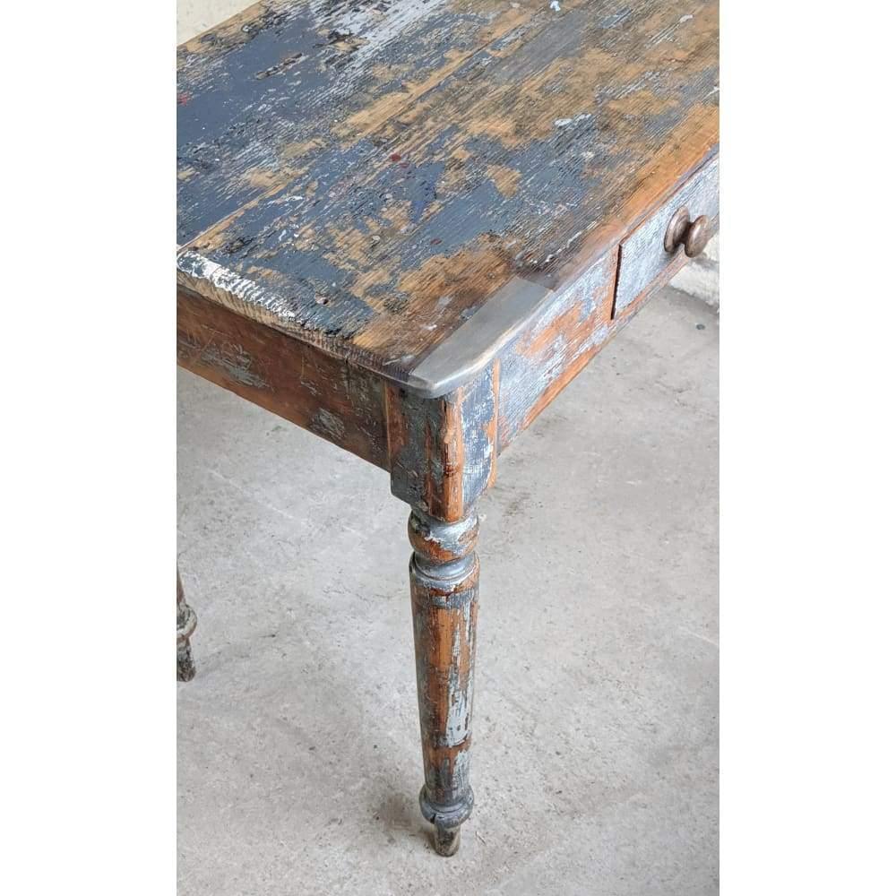 SOLD Antique Painted Pine desk table - distressed grey paint with drawer-Antique Tables-KONTRAST