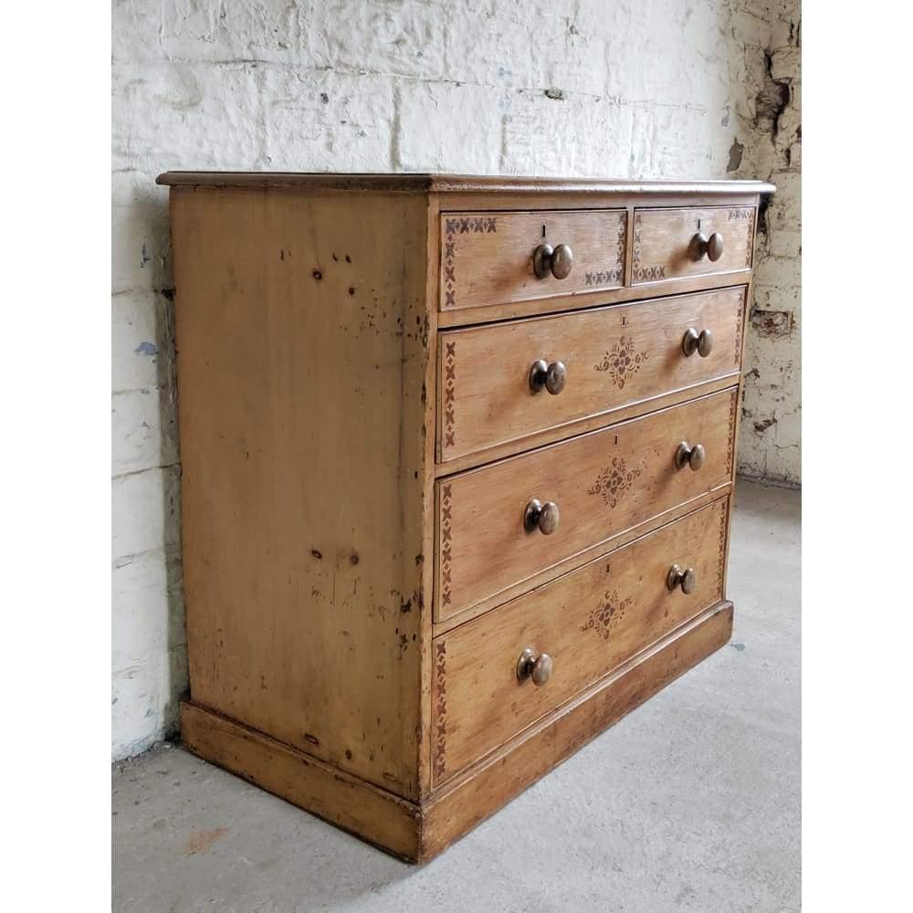 SOLD | Antique Pine Chest of Drawers with painted stencilling-Antique Storage-KONTRAST