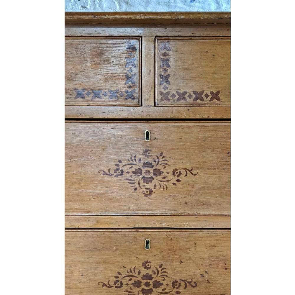 SOLD | Antique Pine Chest of Drawers with painted stencilling-Antique Storage-KONTRAST