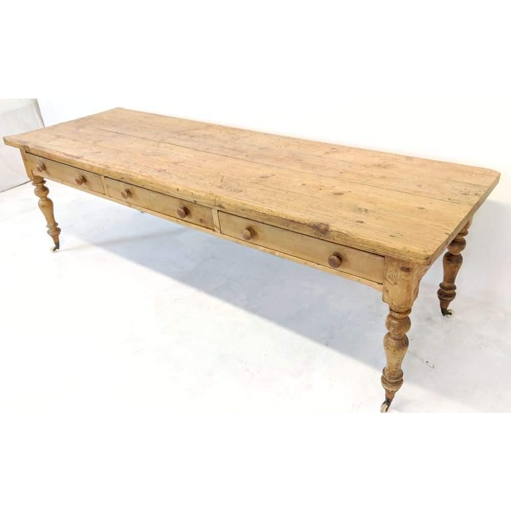 SOLD | Antique Pine Dining or Prep Table on Castor Wheels - Large Victorian Table with Drawers-Antique Tables-KONTRAST