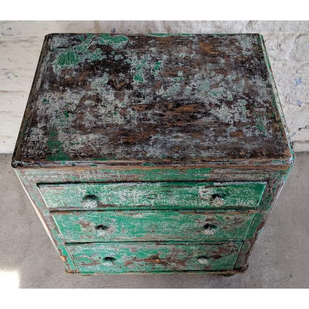 SOLD Antique Pine Painted Drawers - green, crackled chest of drawers on castors-Antique Storage-KONTRAST