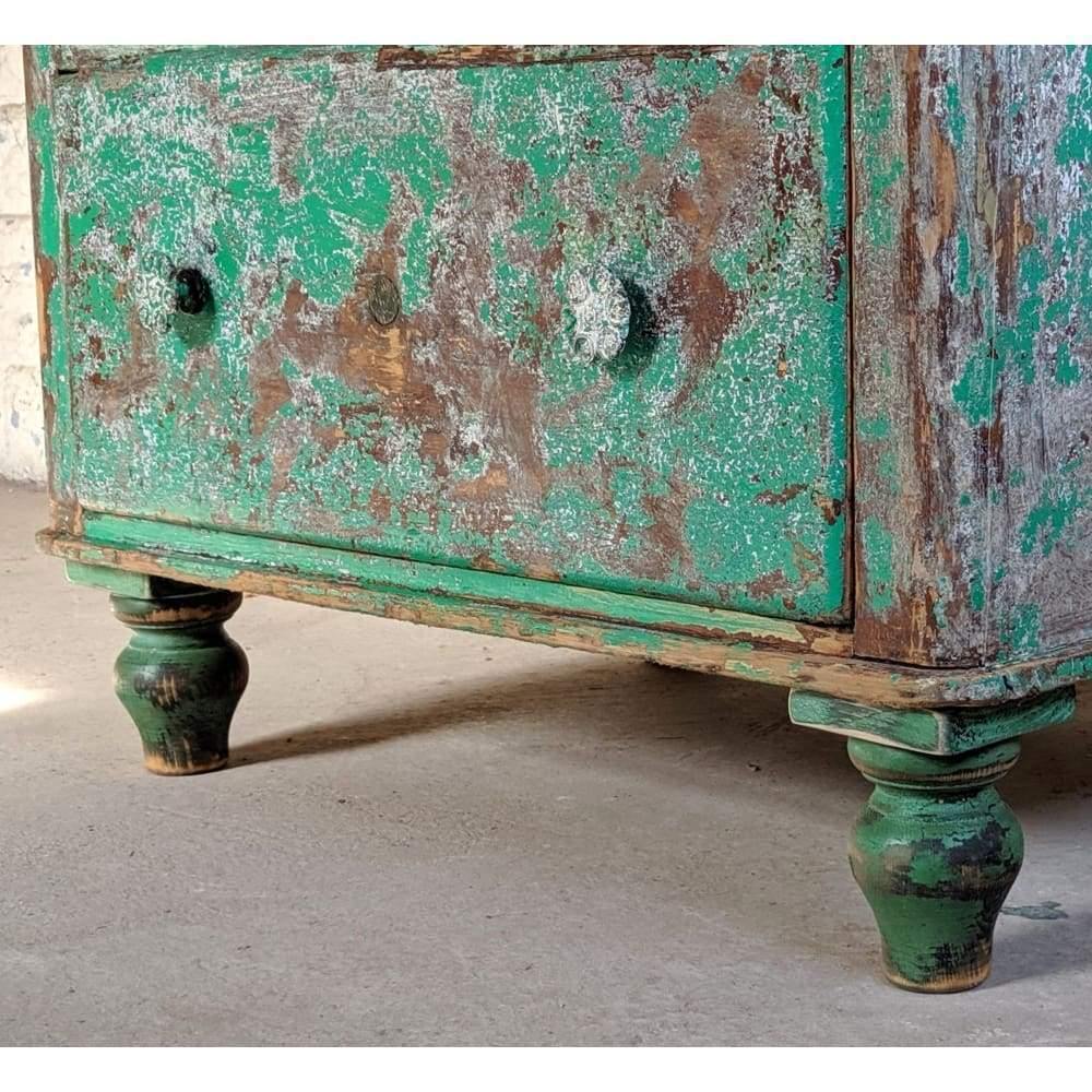 SOLD Antique Pine Painted Drawers - green, crackled chest of drawers on castors-Antique Storage-KONTRAST