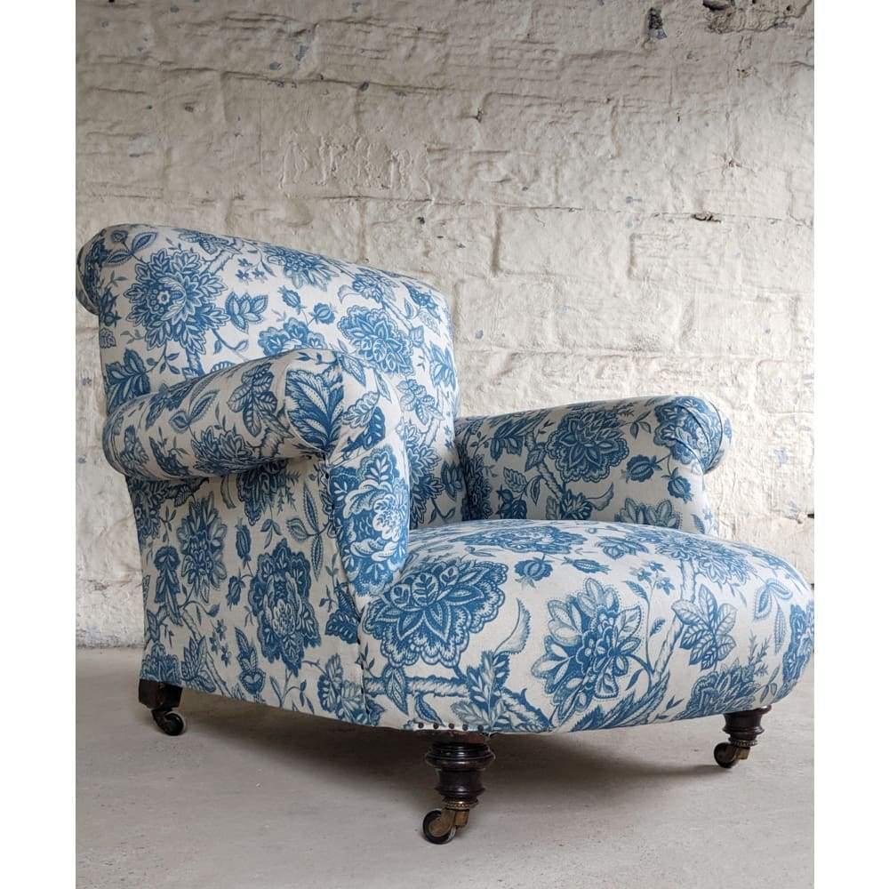 SOLD Howard Style Chair - easy armchair on turned legs and castors, blue & ivory linen fabric-Antique Seating-KONTRAST