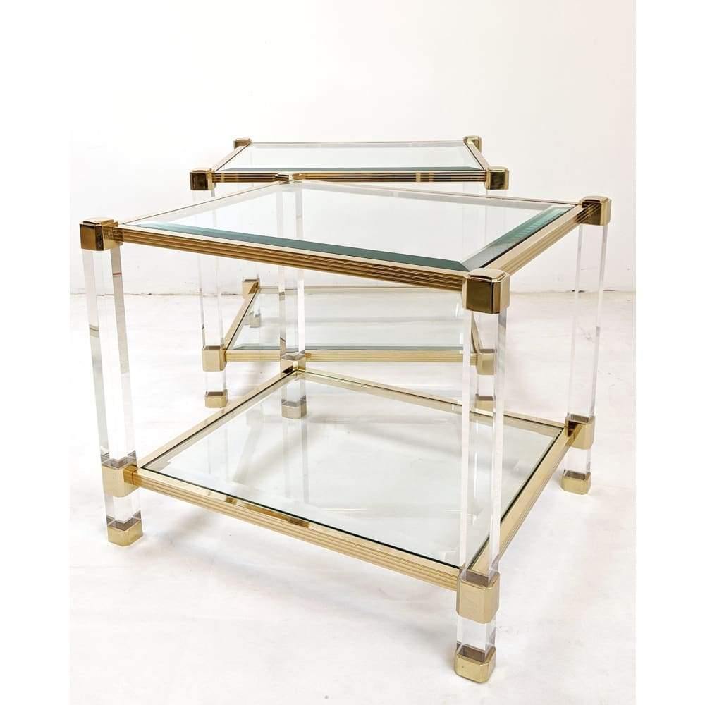 SOLD | Pierre Vandel glass, lucite and brass side tables-Mid Century Tables-KONTRAST