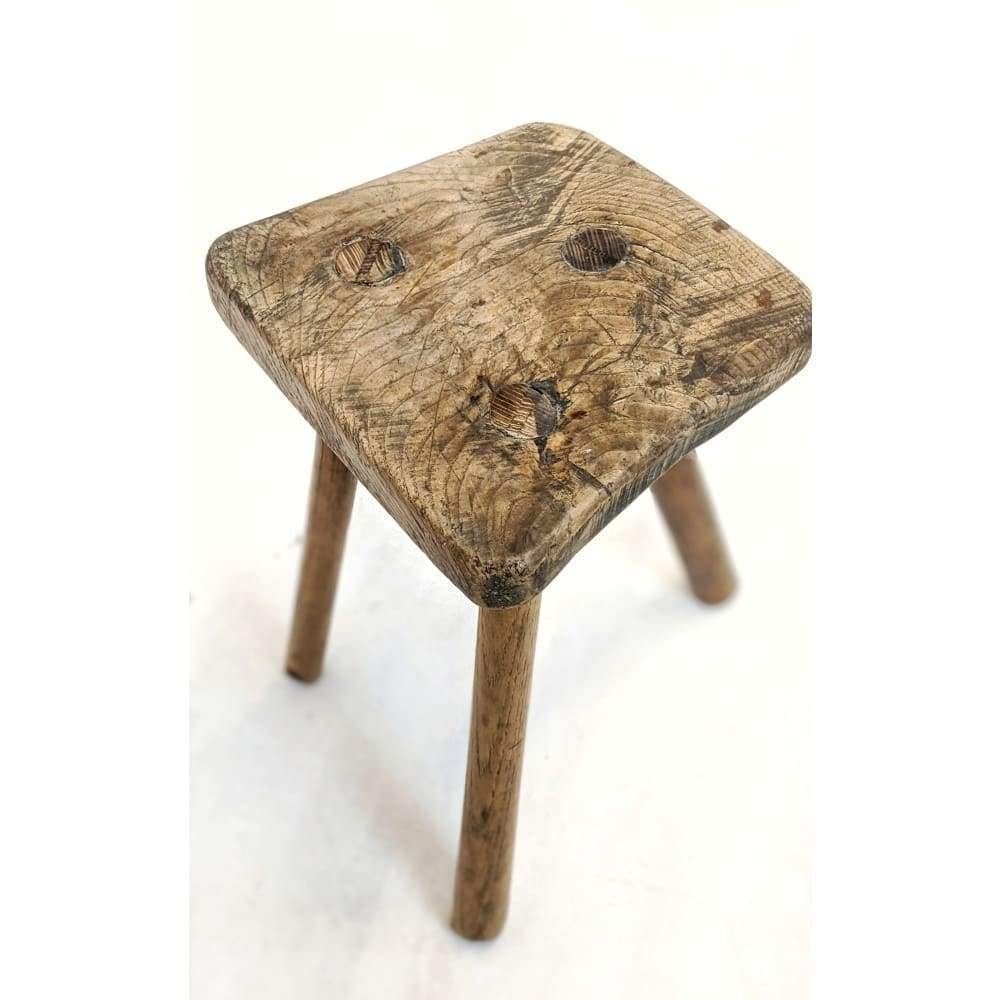 SOLD | Primitive Antique Solid Elm and Beech Stool/ Rustic Farmhouse Milking Stool, 3 Leg Plant Stand-Antique Decor / Accessories-KONTRAST