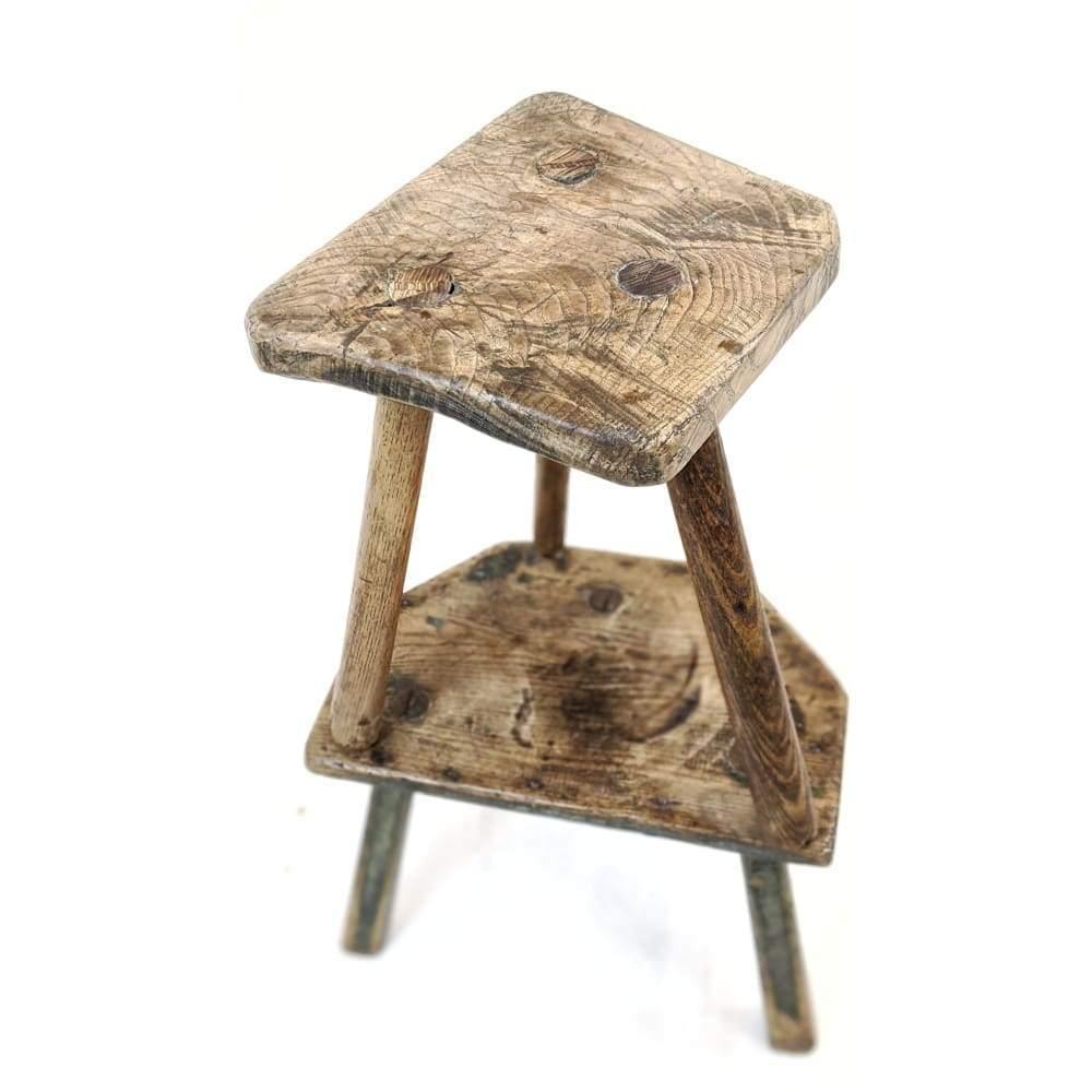 SOLD | Primitive Antique Solid Elm and Beech Stool/ Rustic Farmhouse Milking Stool, 3 Leg Plant Stand-Antique Decor / Accessories-KONTRAST