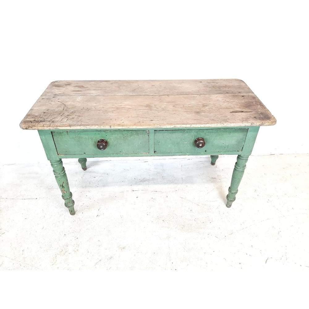 SOLD antique pine farmhouse prep table with original green crackle paint.-Antique Tables-KONTRAST