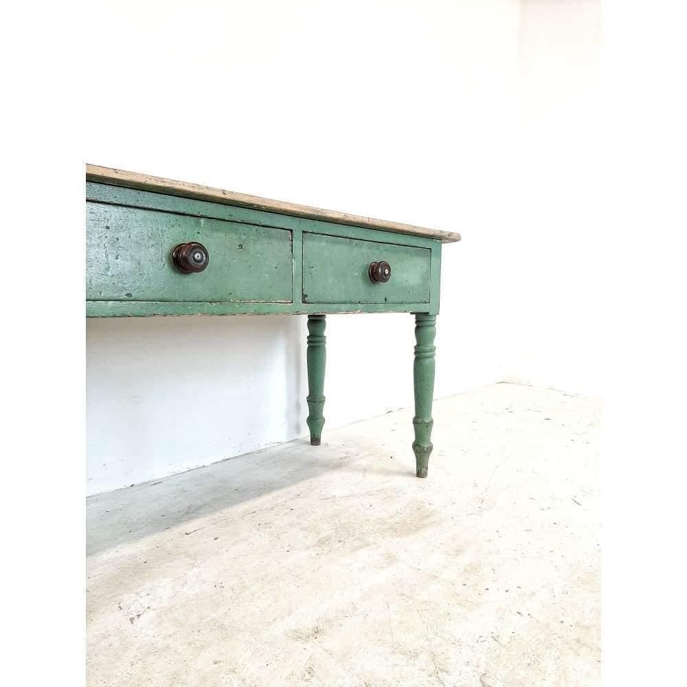 SOLD antique pine farmhouse prep table with original green crackle paint.-Antique Tables-KONTRAST