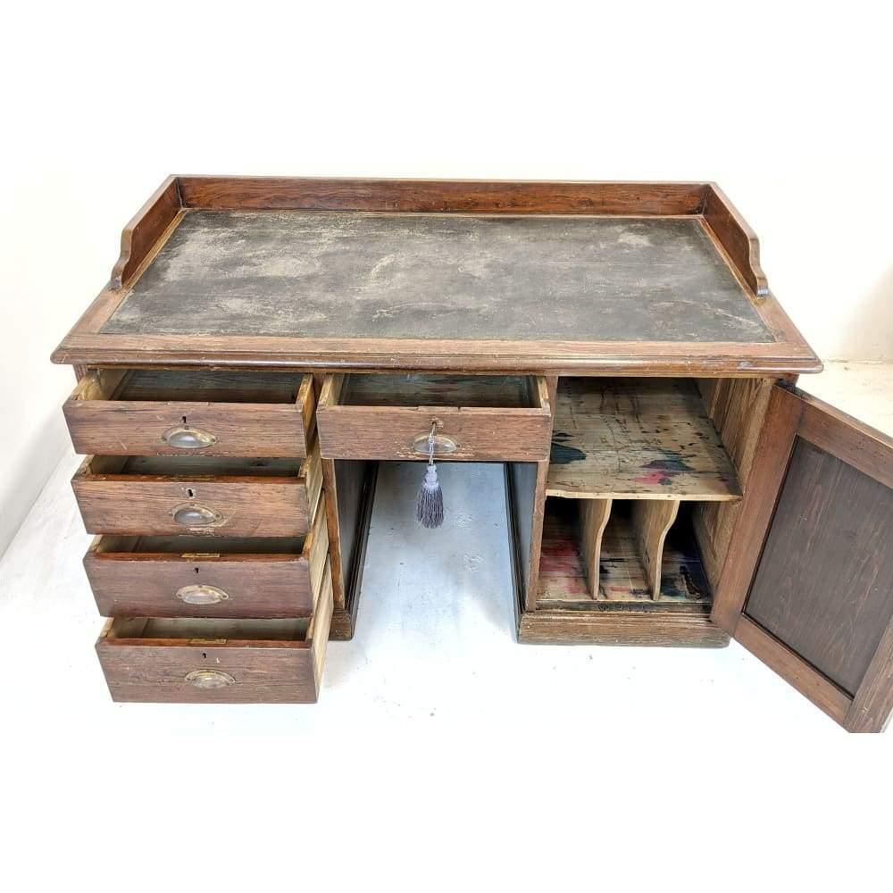 Vintage 20s 30s Pine Industrial 5 Drawer Filing Cabinet Pedestal Desk-Antique Tables-KONTRAST