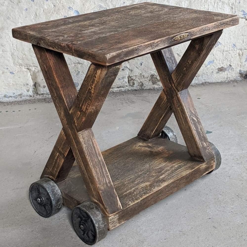 Vintage Side Table - Industrial Trolley Table with cast iron wheels, x frame, railway-Vintage Tables-KONTRAST