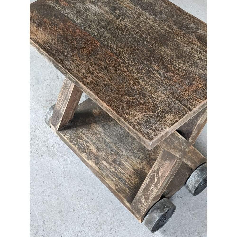 Vintage Side Table - Industrial Trolley Table with cast iron wheels, x frame, railway-Vintage Tables-KONTRAST