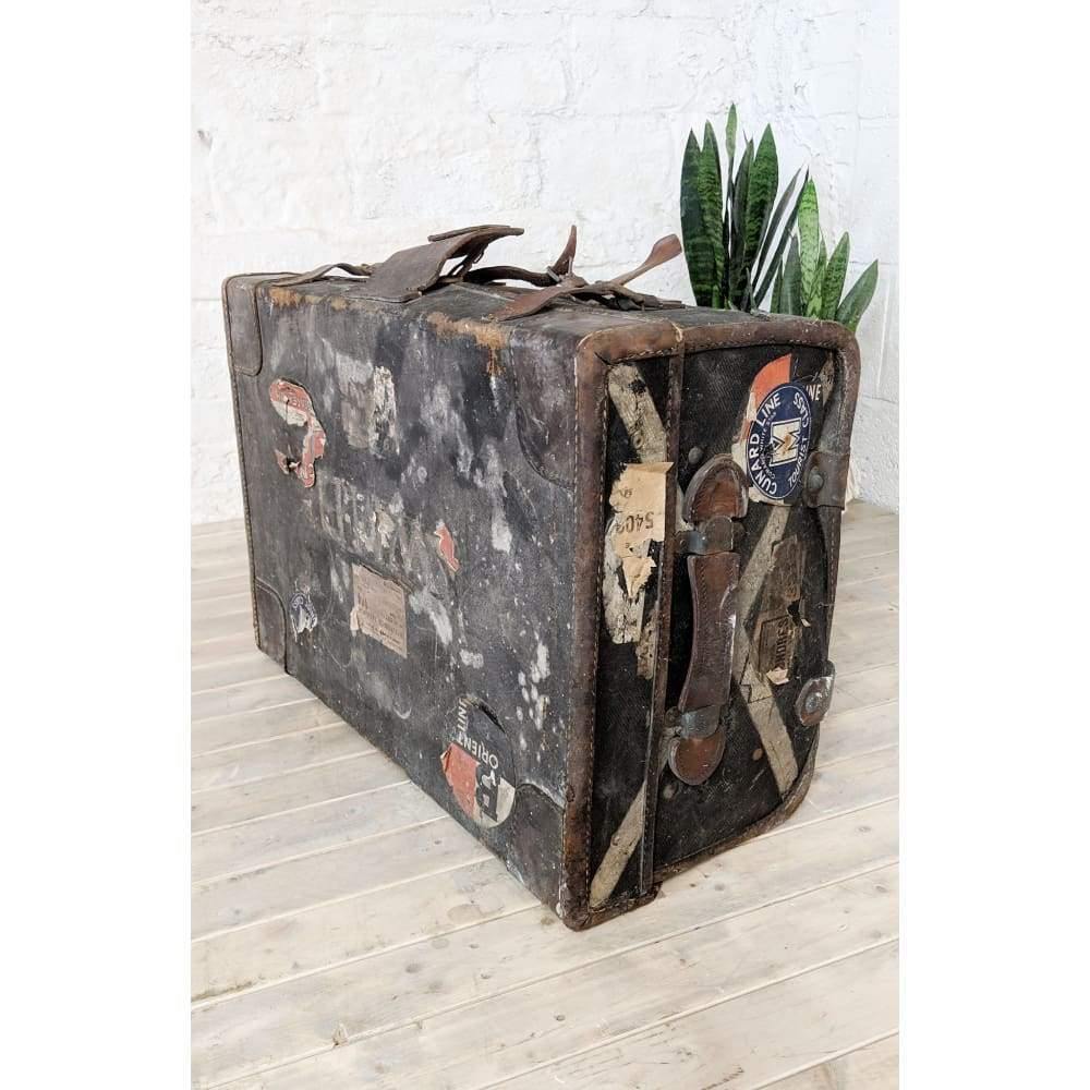 Vintage Travel trunk with stickers - suitcase with leather straps-Vintage Storage-KONTRAST