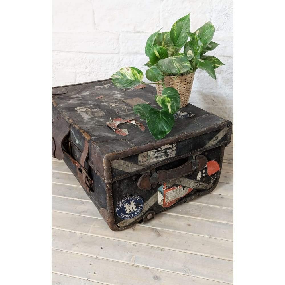 Vintage Travel trunk with stickers - suitcase with leather straps-Vintage Storage-KONTRAST