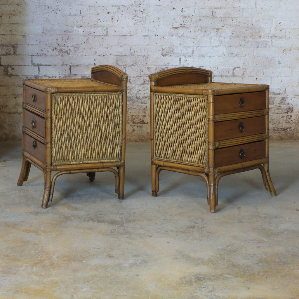 Vintage bamboo rattan and pine bedside drawers-Antique Storage-KONTRAST
