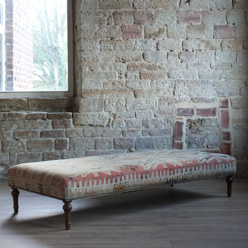 Vintage kilim rug upholstered footstool-Handmade Ethnic Footstools-KONTRAST