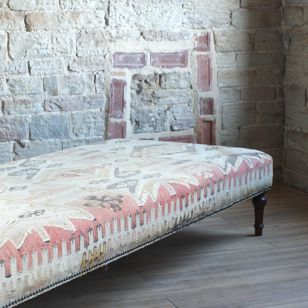 Vintage kilim rug upholstered footstool-Handmade Ethnic Footstools-KONTRAST