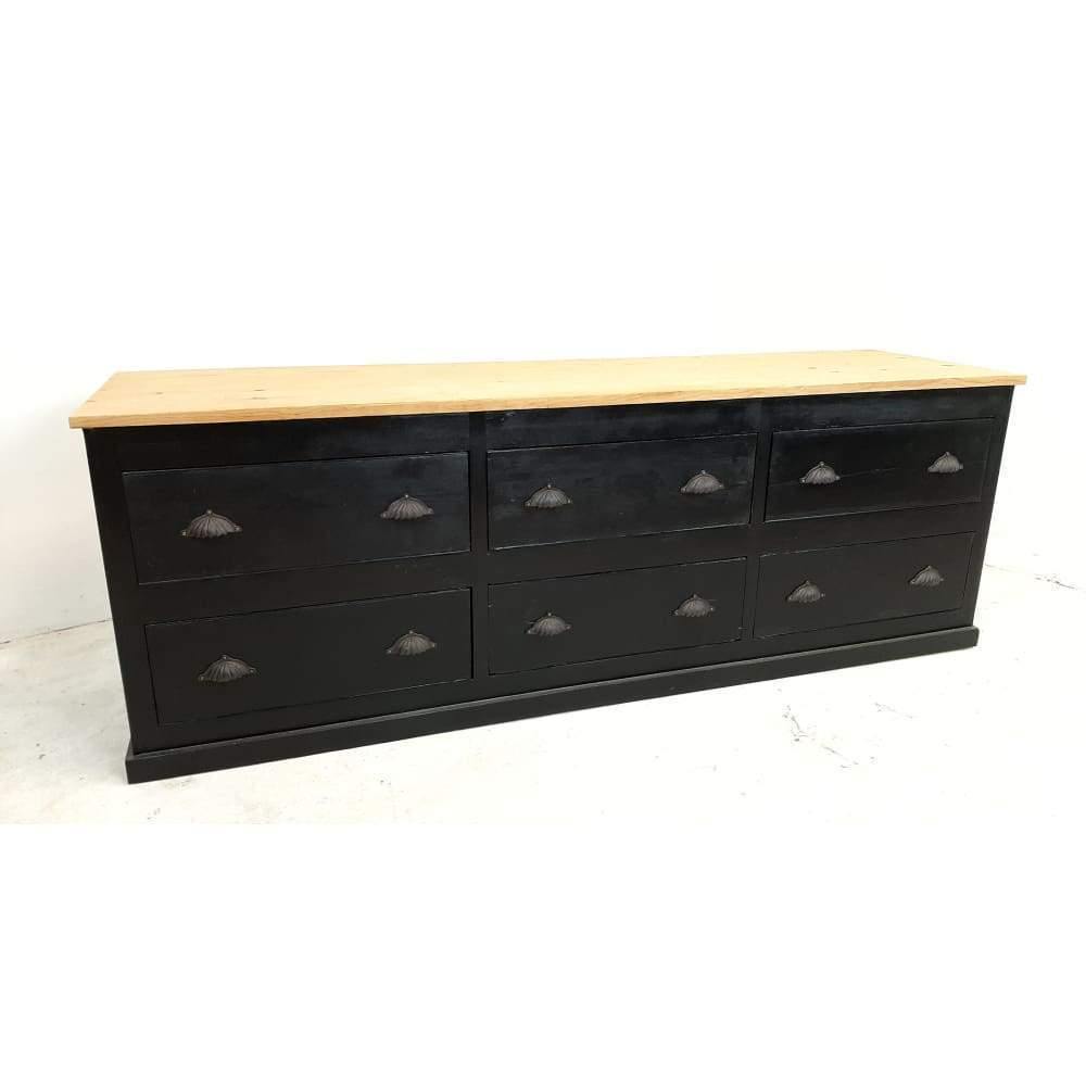 Vintage low black pine sideboard dresser base haberdashery drawers-Vintage Storage-KONTRAST